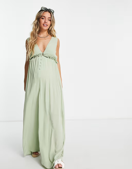 ASOS DESIGN Maternity crinkle rayon double strap plunge smock jumpsuit in sage | ASOS | ASOS (Global)
