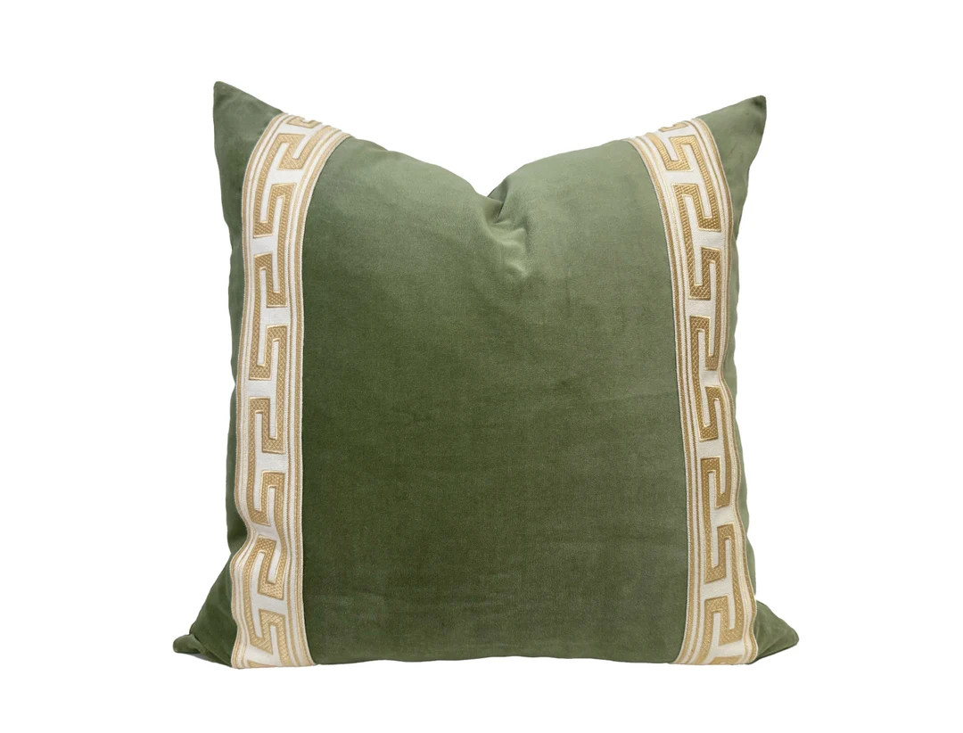 Sage Green Square Pillow Cover with Greek Key Meander Trim | Etsy (US)