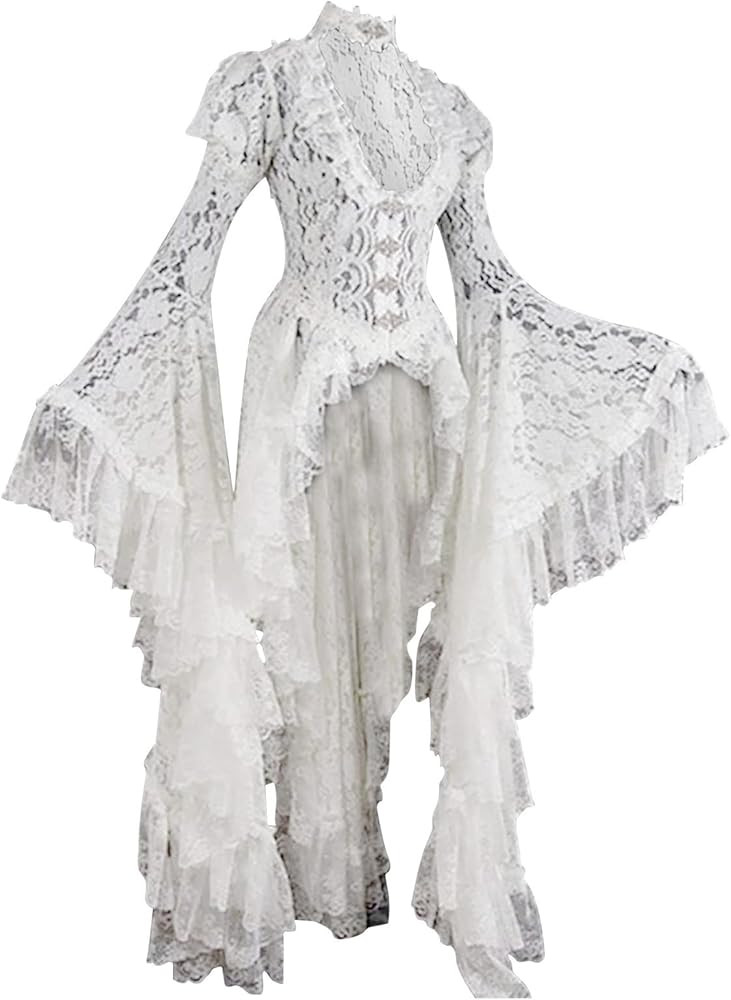 Renaissance Lace Dress for Women High Low Party Dress Trumpet Sleeves Ball Gowns Hollow Out Maxi ... | Amazon (US)