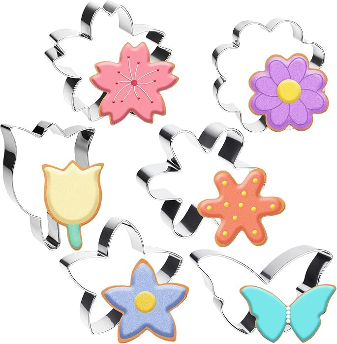 6 PCS Flower Cookie Cutters Set, Stainless Steel Flowers Cookie Cutters, Butterfly Cherry Blossom... | Amazon (US)
