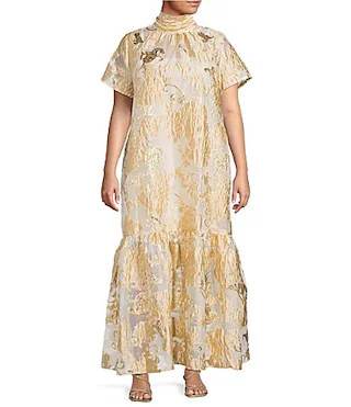 Sugarlips Plus Size Mimy Floral Dime Organza Mock Neck Short Sleeve Tiered Maxi Dress - 2X | Dillard's