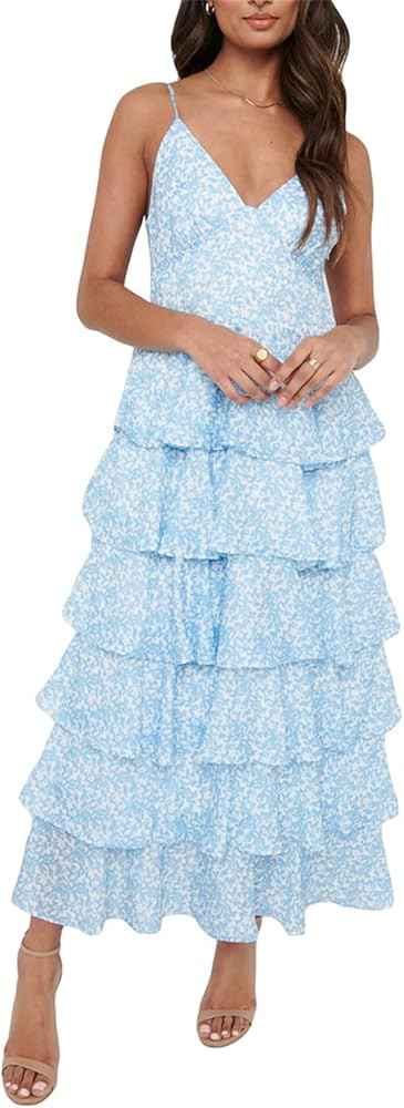 Sunloudy Women Sexy Ruffles Bodycon Dress Spaghetti Strap Split Long Dress Sleeveless Ruffle Hem ... | Amazon (US)