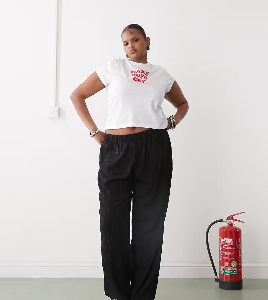 Noisy May Curve wide leg textured trousers in black | ASOS (Global)