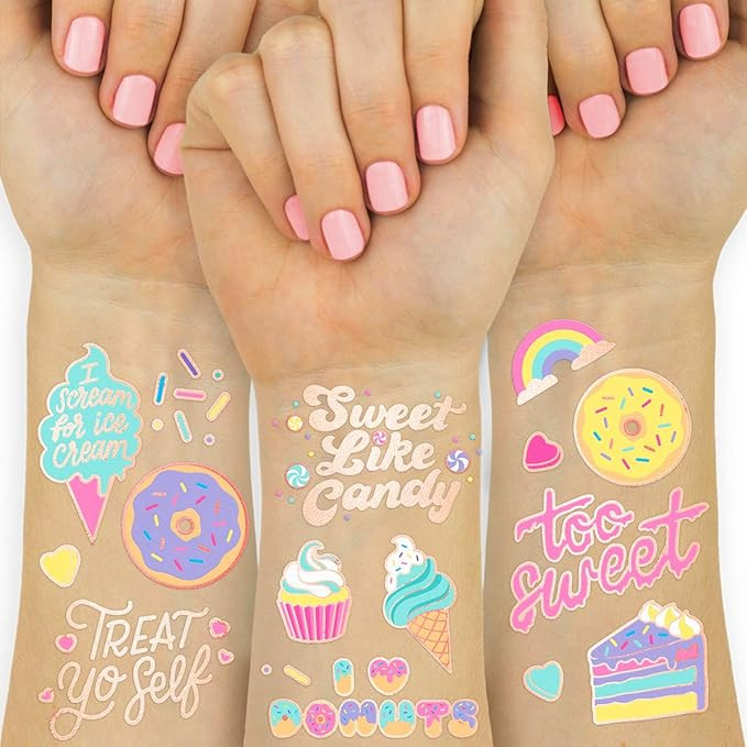 xo, Fetti Donut Party Supplies Temporary Tattoos - 48 Glitter Styles | Dessert Birthday, Ice Crea... | Amazon (US)