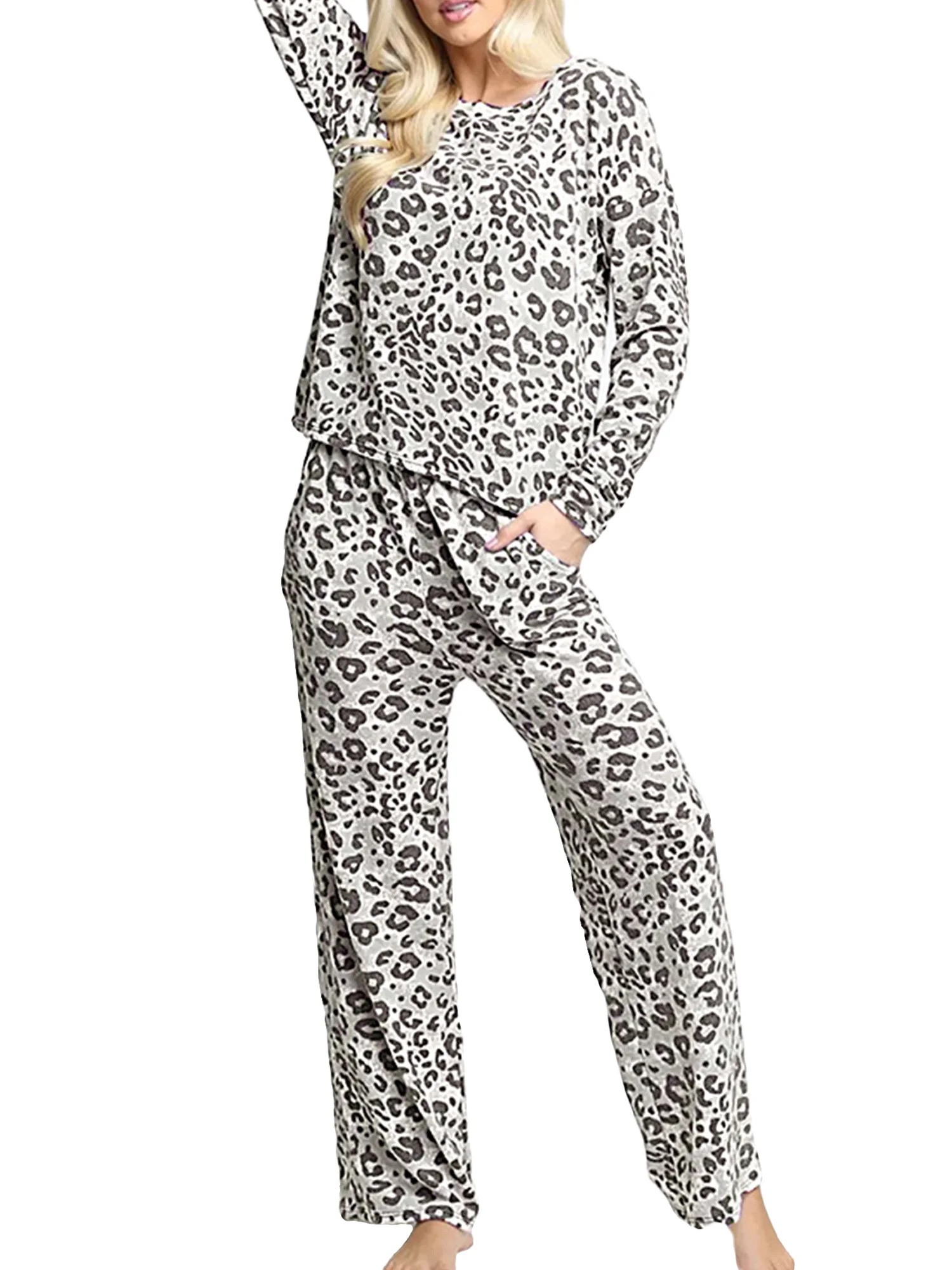 Women Long Sleeve Lounge Set Comfy Pajamas Plaid Homewear Sleepwear Pockets PJ Set Gray(Leopard) ... | Walmart (US)