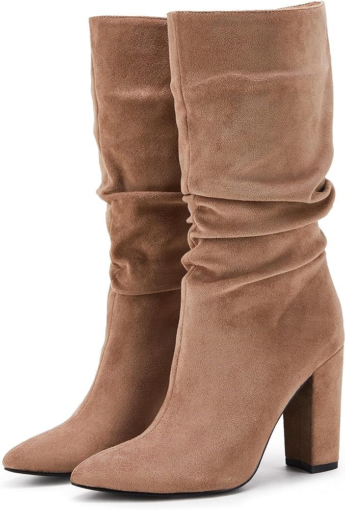 Syktkmx Womens Winter Slouchy High Heel Boots Mid Calf Suede Slip on Chunky Block Pointed Toe Boots | Amazon (US)