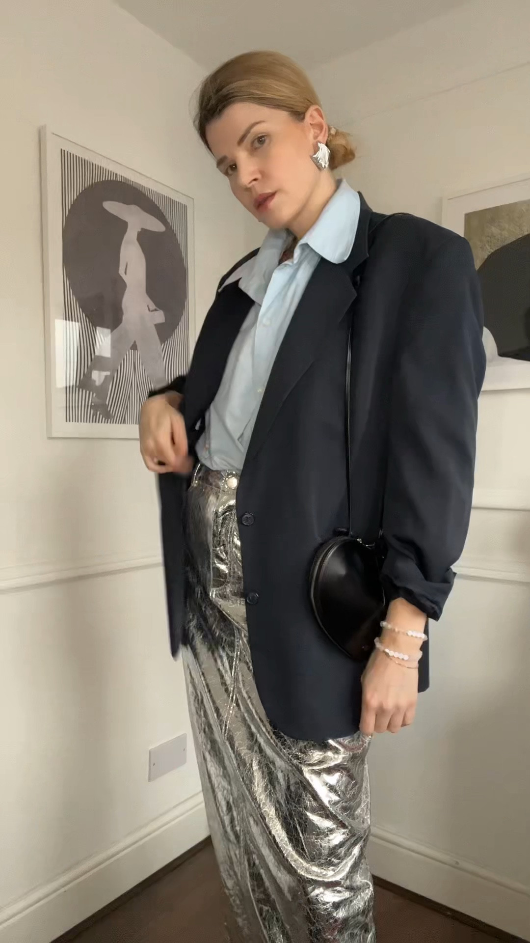 Silver midi skirt, oversized blazer, alaia heart bag, metallic skirt, oversized shirt 

#LTKeurope #LTKVideo #LTKover40