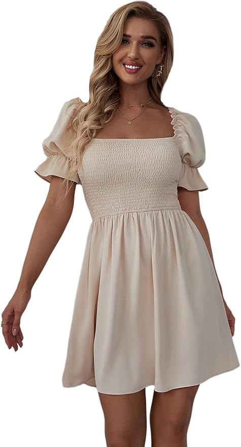 WDIRARA Women's Square Neck Flounce Short Sleeve Shirred Ruffle Hem Dress | Amazon (US)