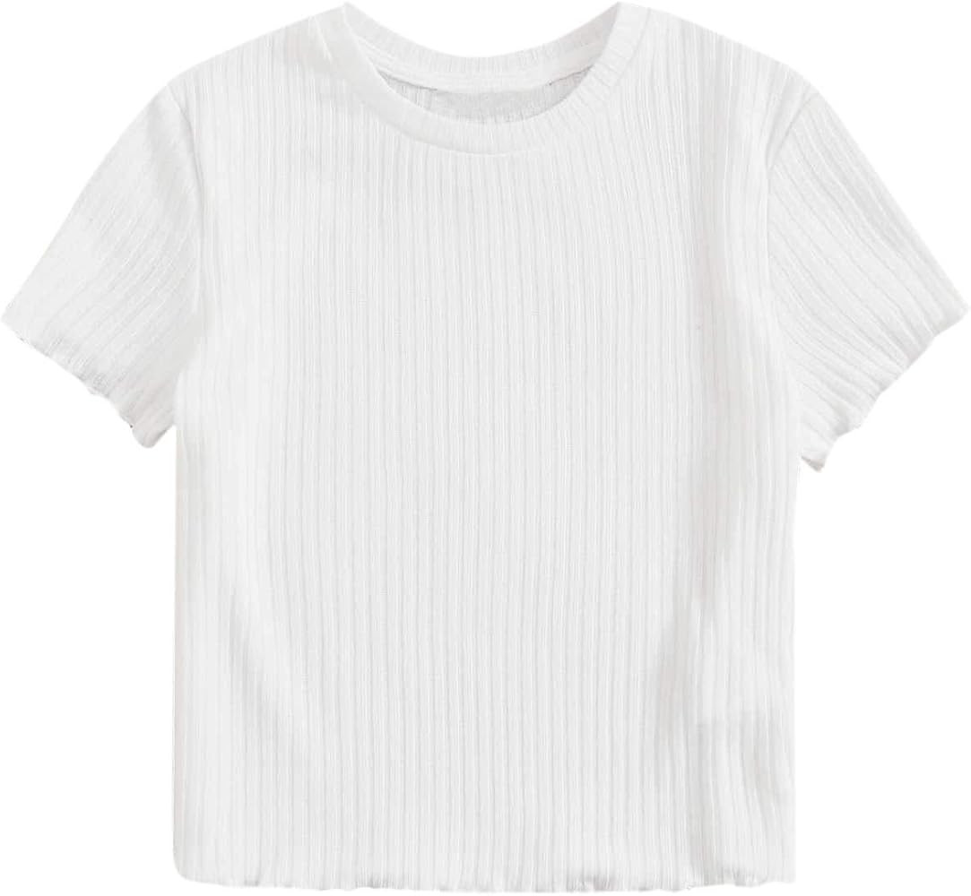 SweatyRocks Women's Solid Crew Neck Ribbed Knit Short Sleeve Crop Top T Shirts | Amazon (US)