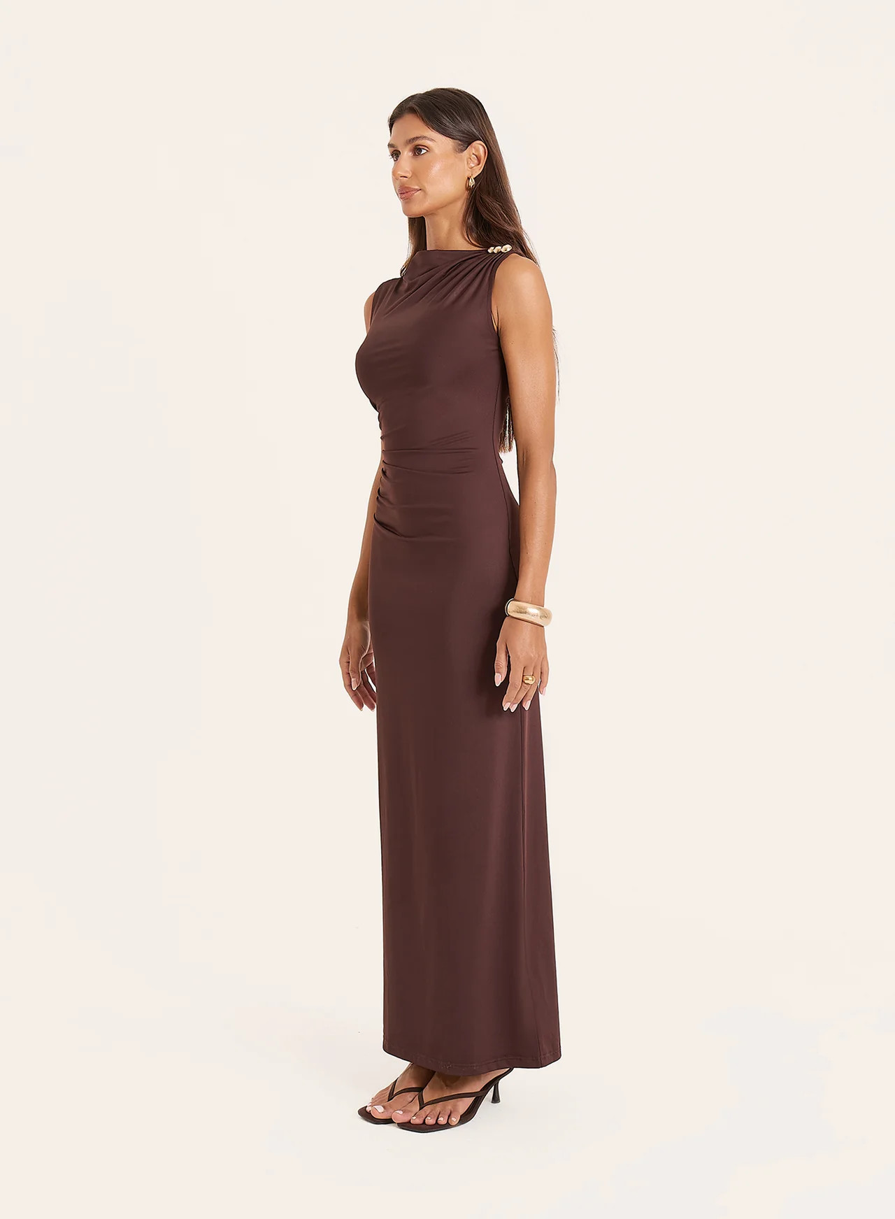 Women's Chocolate Hardware Ruched Maxi Dress | Avery | 4th & Reckless | 4th & Reckless