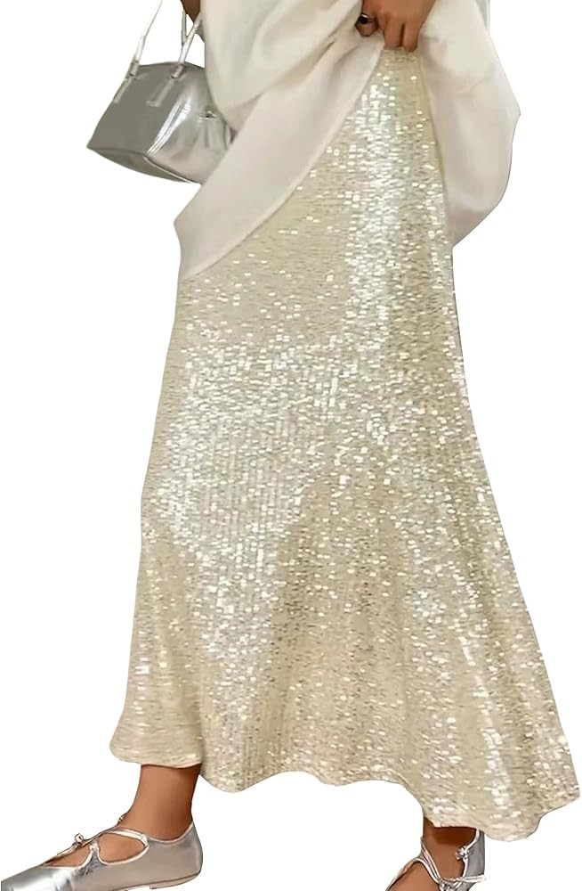Bsubseach Sparkly Sequin Skirt for Women High Waisted Maxi Skirts Stretchy A-Line Glitter Skirt N... | Amazon (CA)