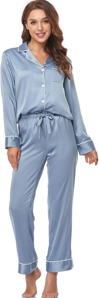 Women's Satin Pajama Set Long Sleeve Button Sleepwear 2-Piece Pj Lounge Set | Amazon (US)