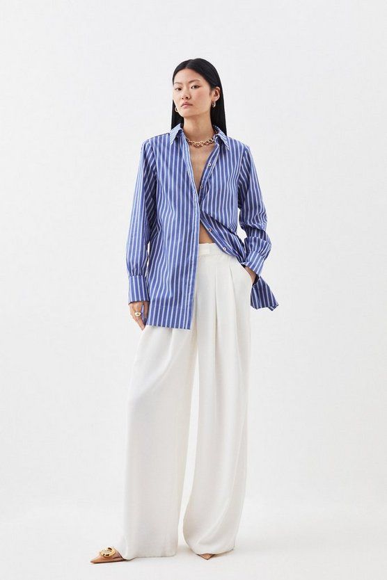 Cotton Poplin Button Sleeve Detail Woven Shirt | Karen Millen UK + IE + DE + NL