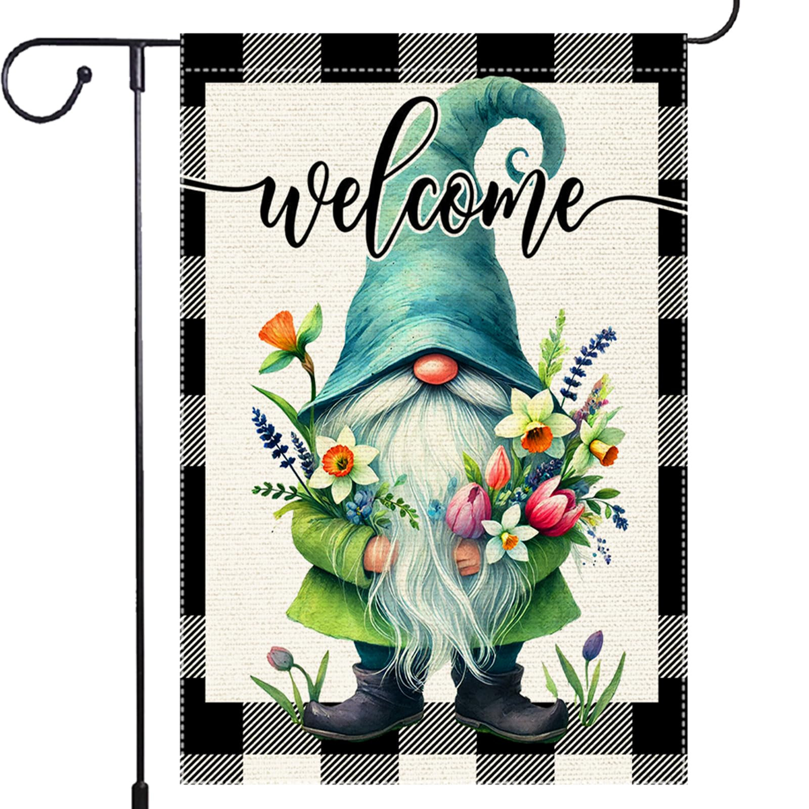 Welcome Spring Summer Gnome Garden Flag Colorful Floral Buffalo Plaid Garden Flags Small Burlap L... | Amazon (US)