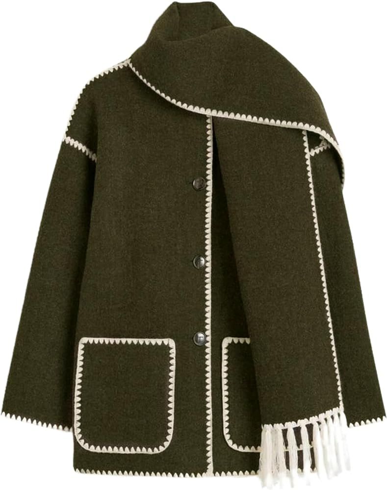 SeekMe Womens Embroidered Scarf Jacket Oversized Wool Blend Coat Button Down Winter Outerwear wit... | Amazon (US)