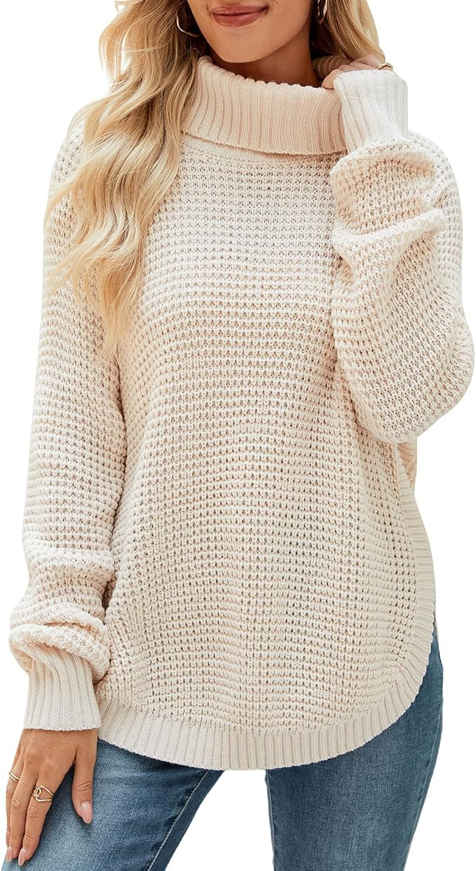 Women's Sweaters Fall Ribbed Knit Turtleneck Sweater Loose Casual Long Sleeve Split Soft Pullover... | Amazon (US)