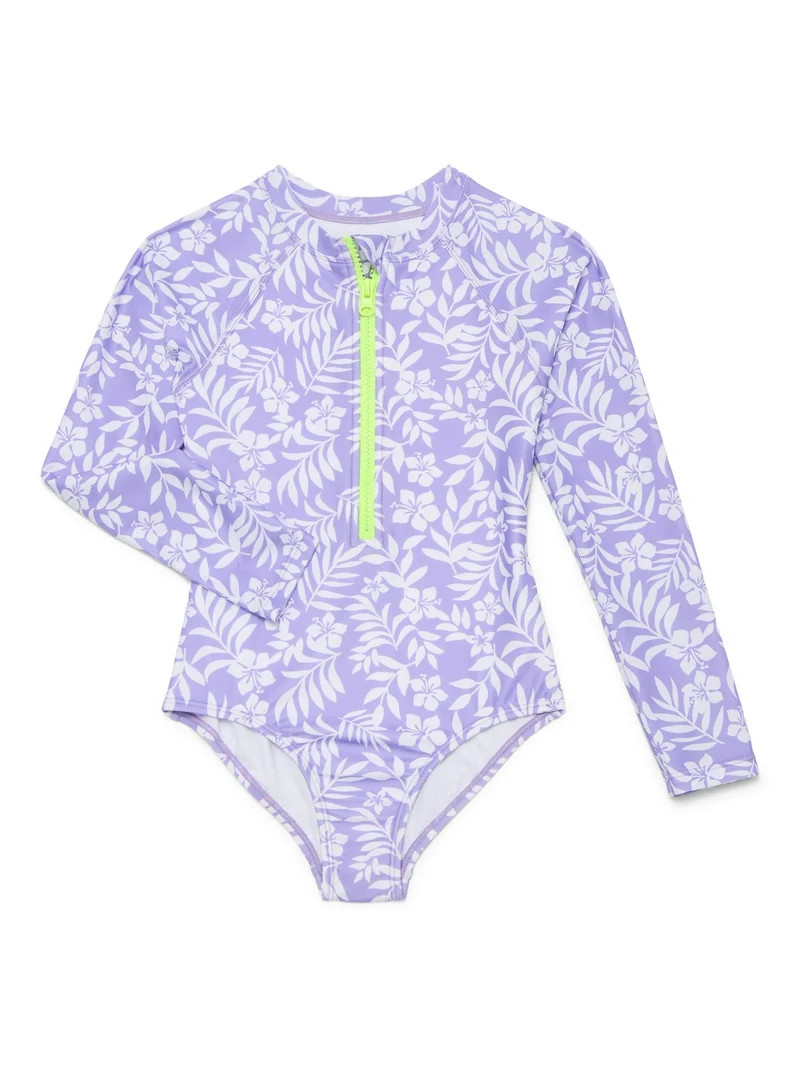 Wonder Nation Girls Zip Up Rash Guard One Piece Swimsuit with Long Sleeves, Sizes 4-16 | Walmart (US)