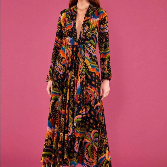 Farm Rio Macaw Island Maxi Dress Long Sleeve Black Bird Print Medium M | Poshmark