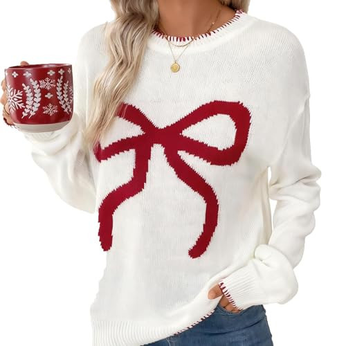 Women Bow Sweater Casual Crew Neck Long Sleeve Pullover Sweaters y2k Lightweight Knitted Jumper Tops Winter Clothing Beige Clothes Women L | Amazon (US)