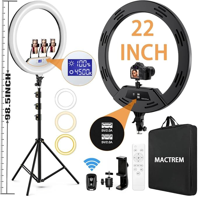 22" Ring Light with Stand,Ring Light Tripod for iPhone ipad,with 75" Tripod/LCD Display/4 Phone C... | Amazon (US)
