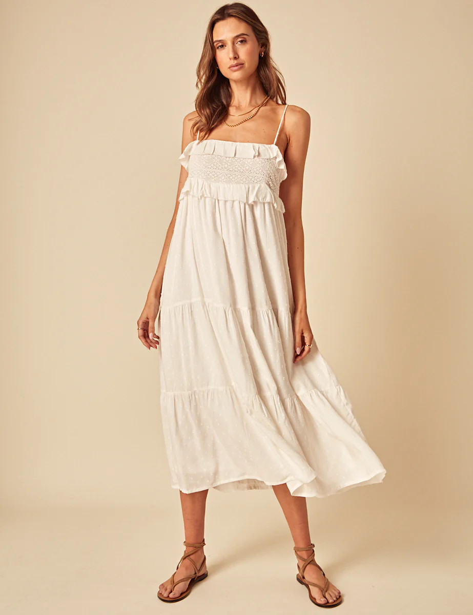 White Embroidered Tiered Florian Midi Dress | Nobody's Child