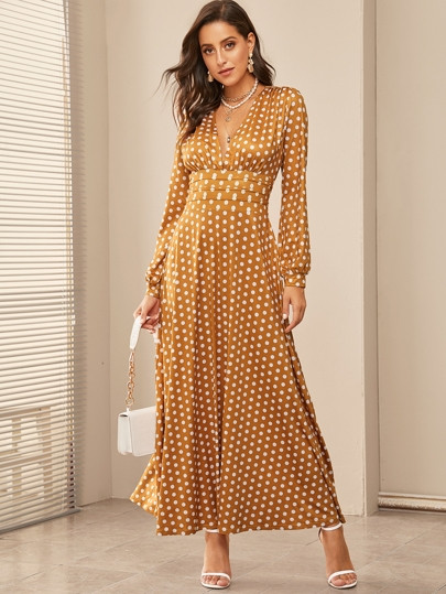 Deep V-neck Polka Dot Dress | SHEIN