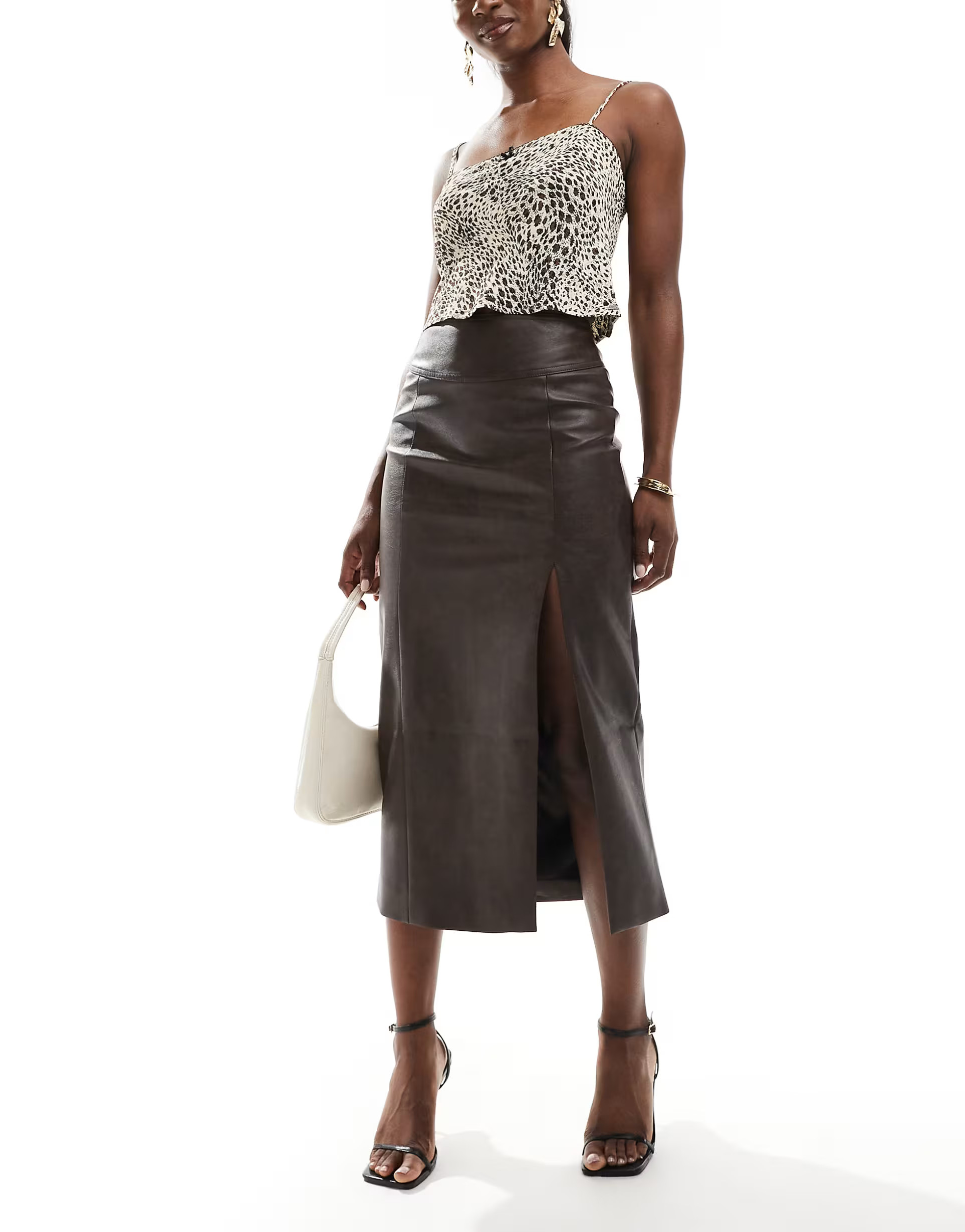 Bardot faux leather midi skirt in dark chocolate | ASOS (Global)