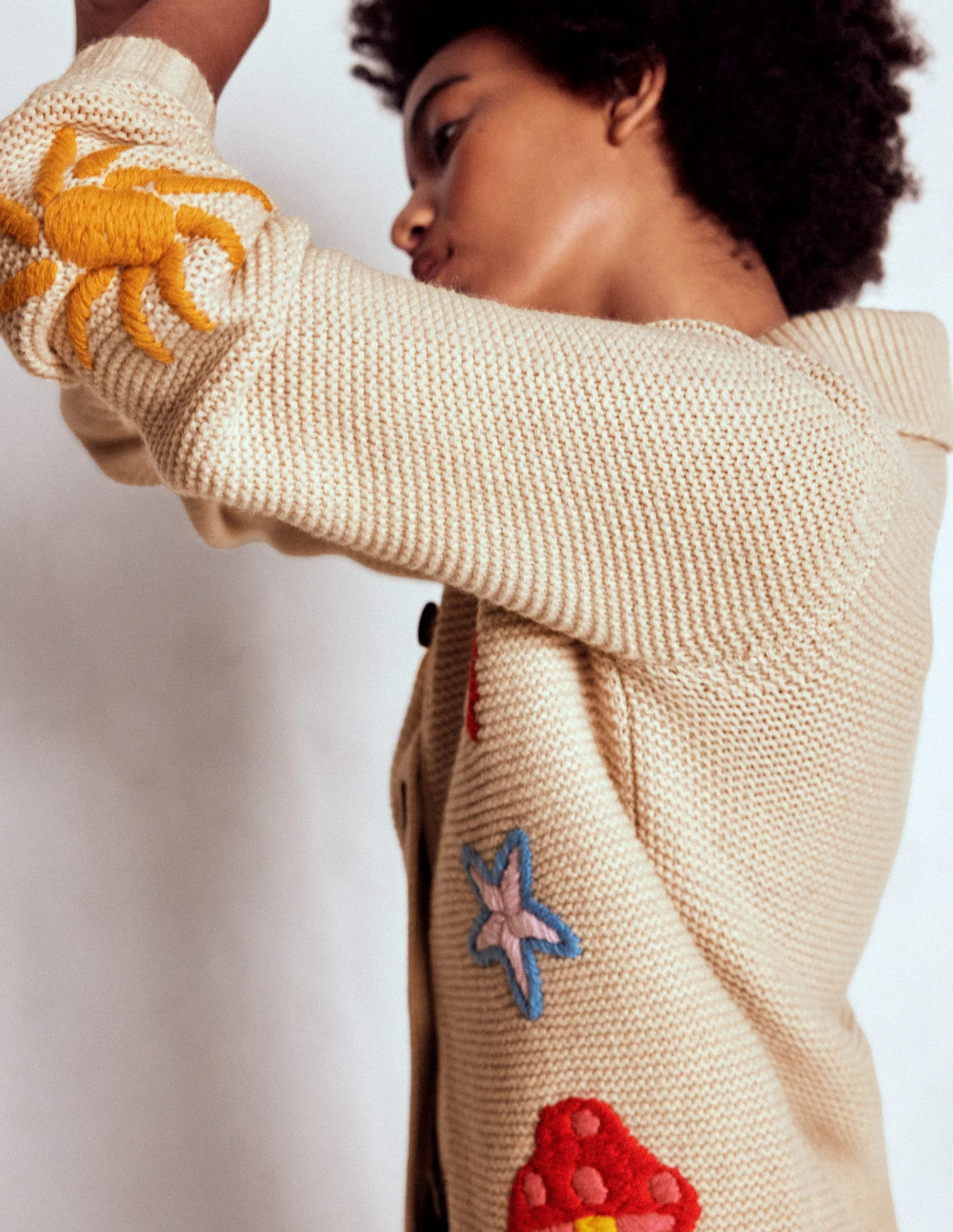 Embroidered Collared Cardigan-Ecru Marl | Boden UK