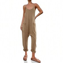 BZB Womens Casual Sleeveless Waffle Jumpsuits Loose Knit Spaghetti Strap Romper Long Pants With Pockets | SHEIN