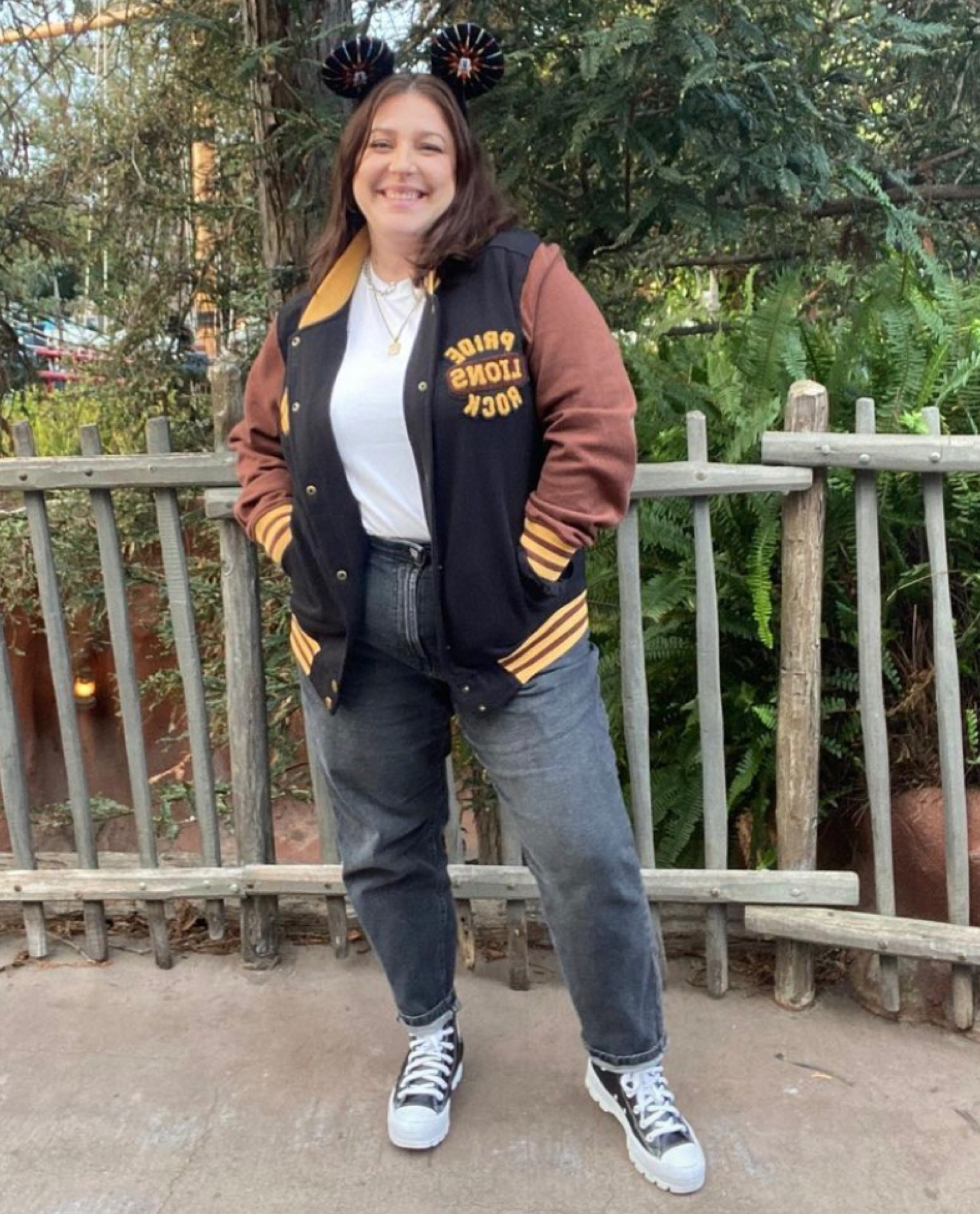 This is a perfect comfortable Disney outfit with a Lion King theme. I am wearing a size 16 in the jeans and a large in the jacket and I’m 5ft tall. I love this preppy varsity jacket 


#LTKworkwear