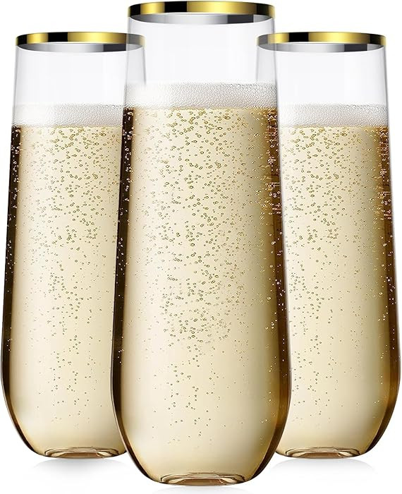 24 Pcak Champagne Flutes Plastic, 9 Oz Disposable Stemless Mimosa Gold Rim Toasting Glasses, Clea... | Amazon (US)
