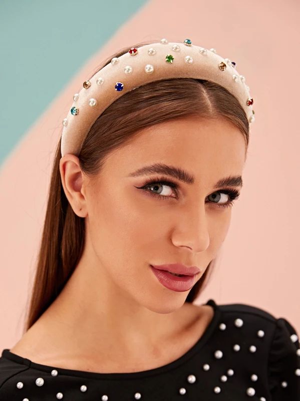 Rhinestone & Faux Pearl Decor Padded Headband | SHEIN