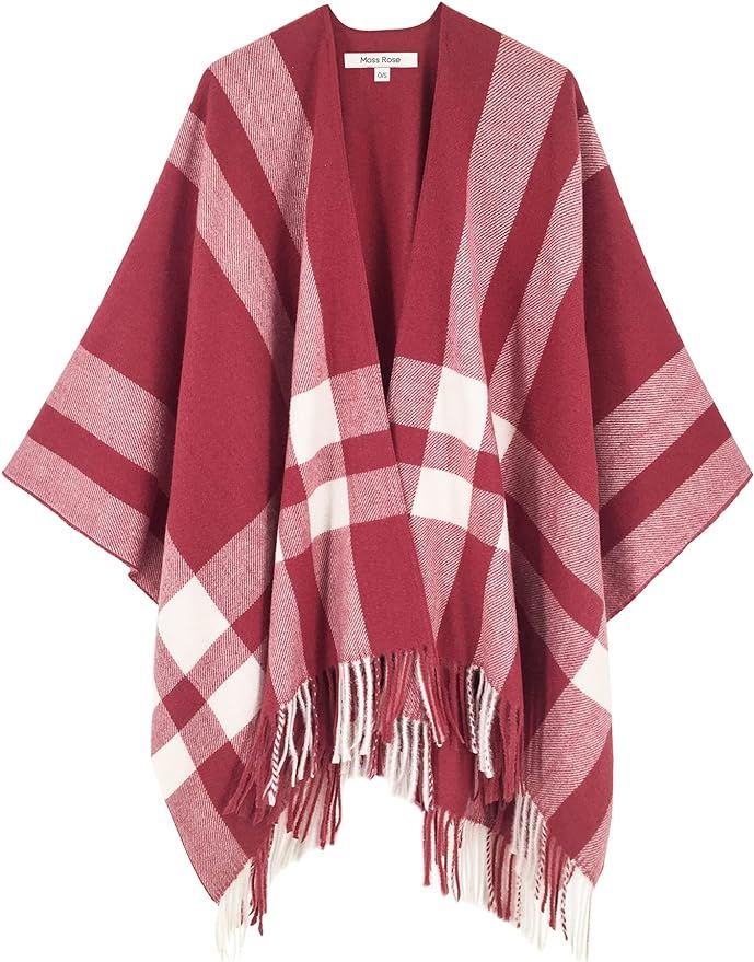 Moss Rose Women's Travel Plaid Shawl Wrap Open Front Poncho Cape for Fall Winter Holiday Gift | Amazon (US)