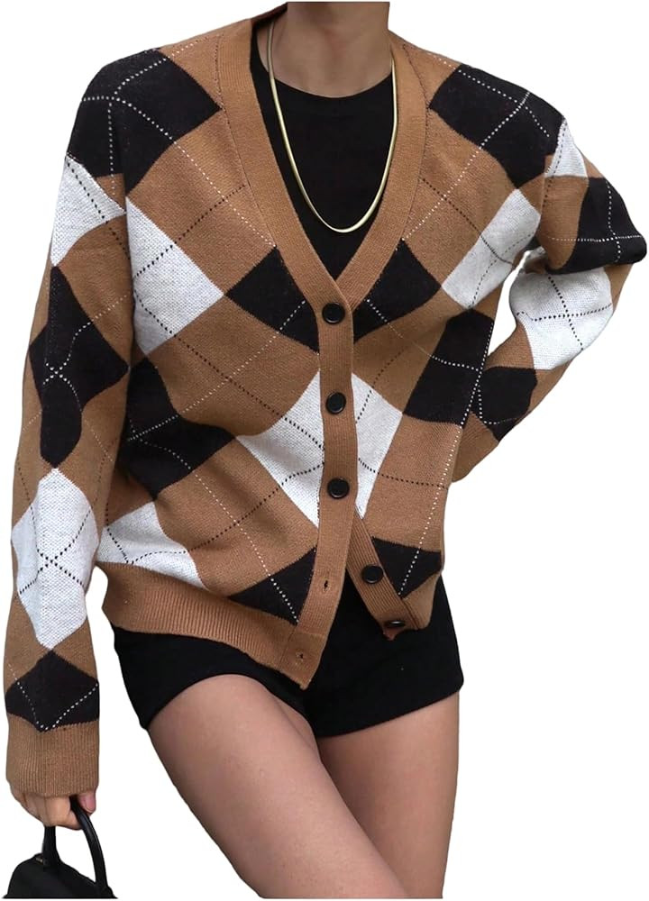 SOLY HUX Women's Argyle Cardigan Sweater Plaid V Neck Button Down Long Sleeve Casual Cardigans | Amazon (US)