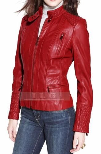 Ladies Women Genuine Real Leather Slim Fit Quilted Red Biker Jacket | eBay US