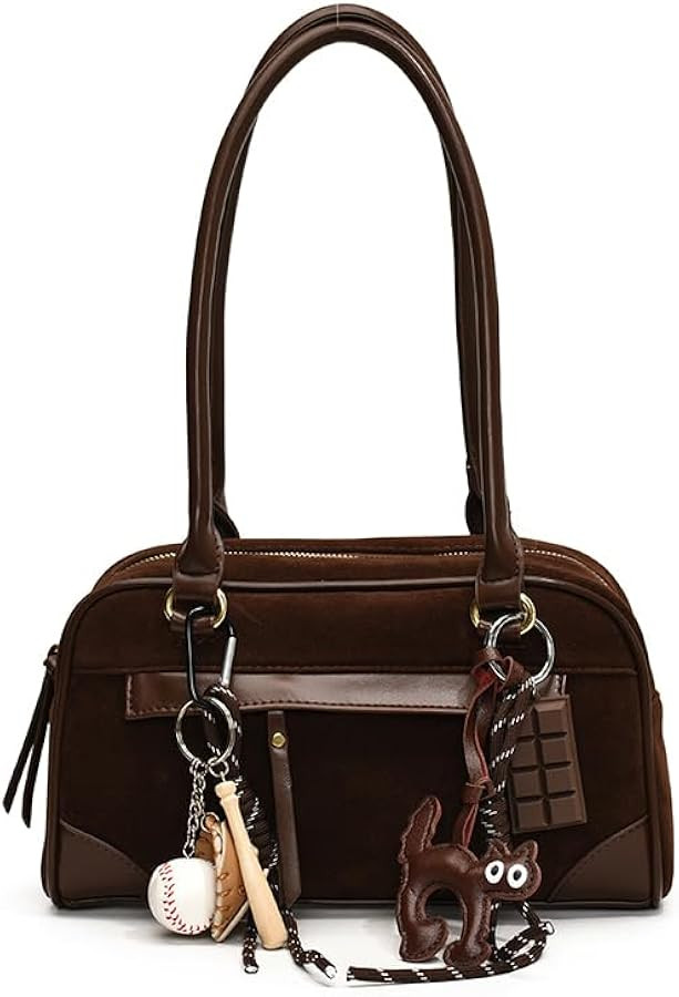 Suede Bag for Women 2025 Vintage Bowler Bag Y2k Shoulder Bag Brown Suede Fall Purse | Amazon (US)