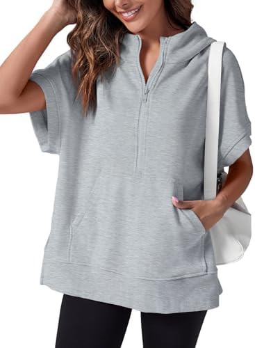 Fisoew Womens Oversized Half Zip Hoodies Short Sleeve Casual Sweatshirts Pullover Tops with Pocke... | Amazon (US)