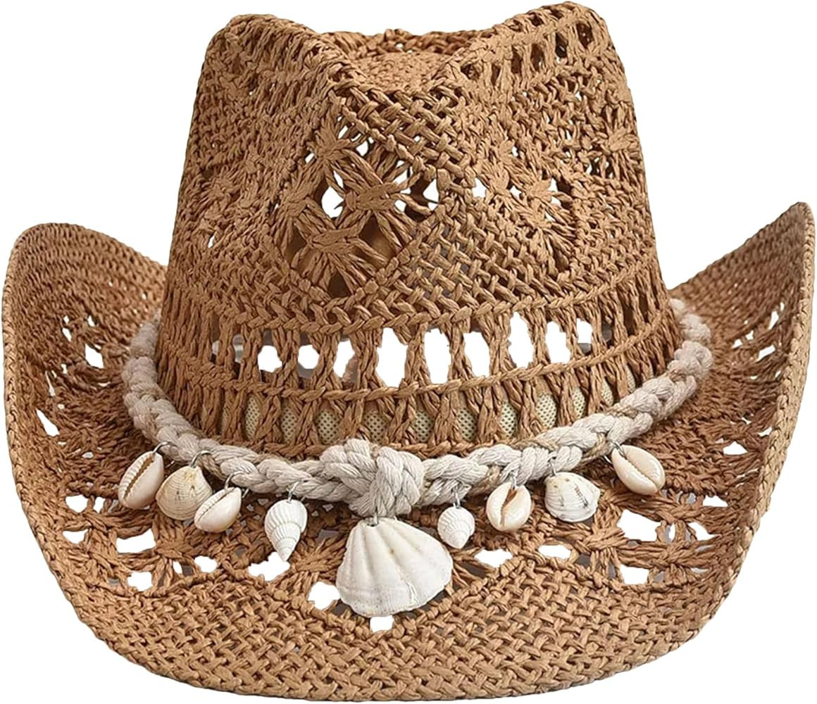 Women's Lightweight Summer Straw Hat Breathable Hollow Out Wide Brim Cowboy Hat with Shell Holida... | Amazon (US)