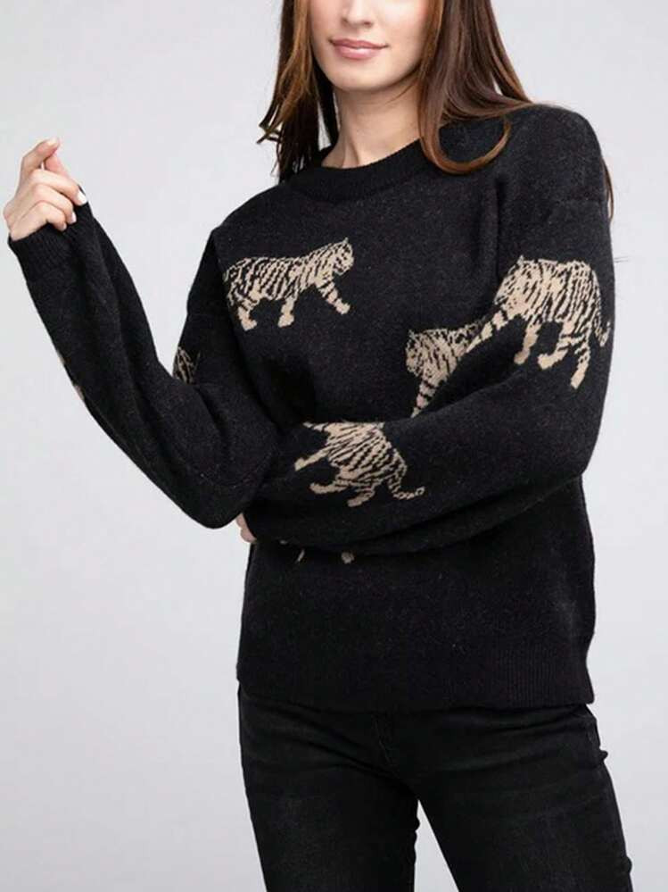 Women Comfy Sweaters Casual Warm Tiger Print Long Sleeve Pullover Basic Knitwear For Fall Streetwear | SHEIN