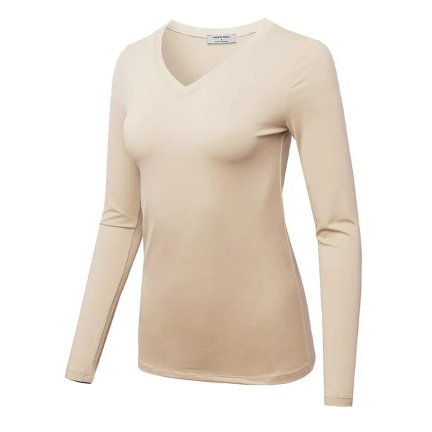 FashionOutfit Women's Solid Basic Fitted T-Shirt V-Neck Long Sleeves Top Shirts | Walmart (US)