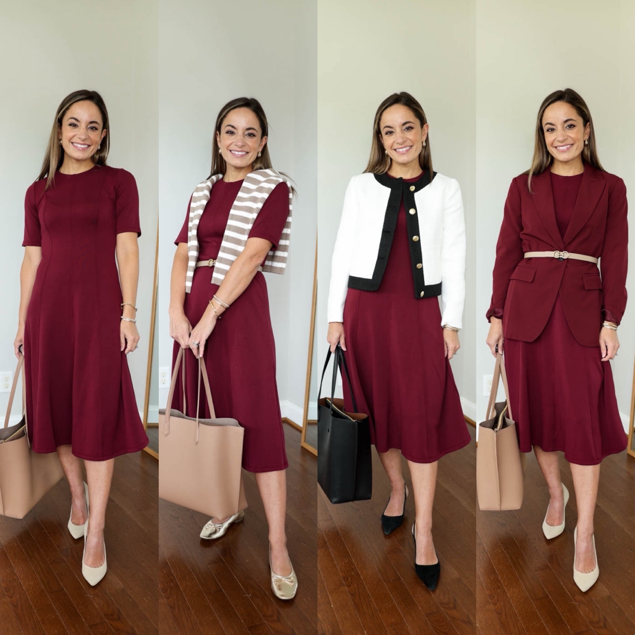 Four ways to wear a burgundy dress 

Dress: petite xxs 
Blazer: petite 00 
Lady jacket: petite 00 
Striped cardigan: xxs 
Belt: xxs mini style 
Shoes: tts 

Bag in black and cappucccino

My measurements for reference: 4’10” 105lbs bust, waist, hips 32”, 24”, 35” size 5 shoe. 25” inseam measurement to my ankle bone. 

#LTKWorkwear #LTKStyleTip