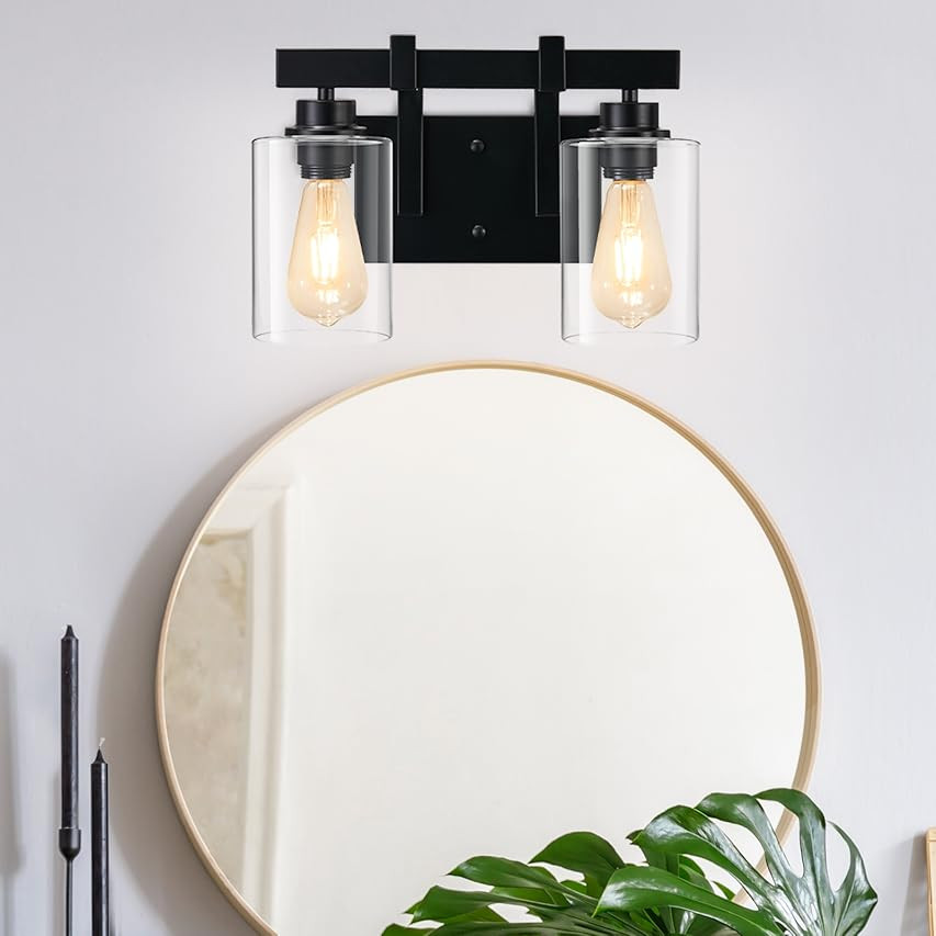 Bathroom Light Fixtures, 2 Light Matte Black Vanity Light, Vintage Wall Sconces Lighting, Modern Bat | Amazon (US)