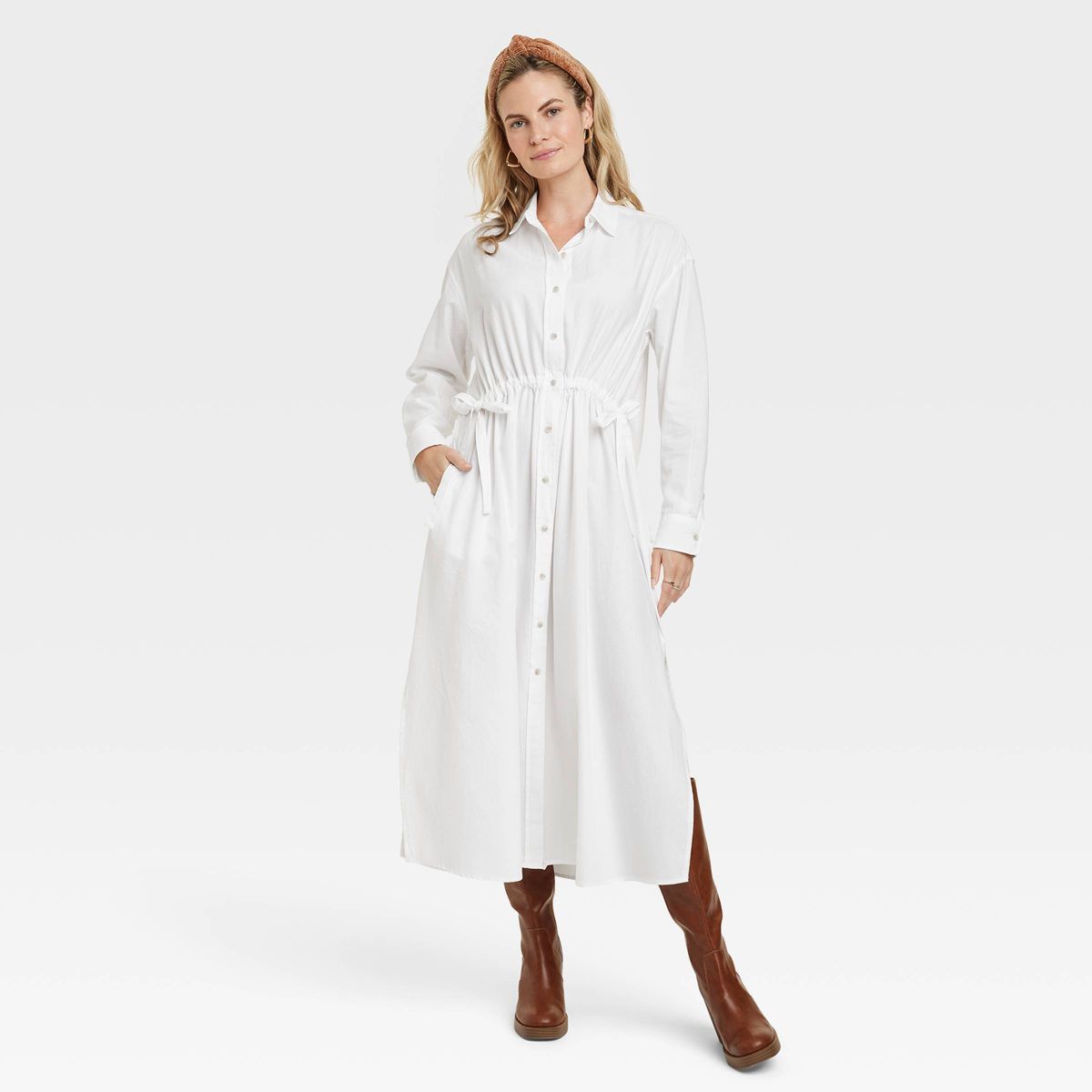 Women's Long Sleeve Cinch Waist Maxi Shirtdress - Universal Thread™ White M | Target