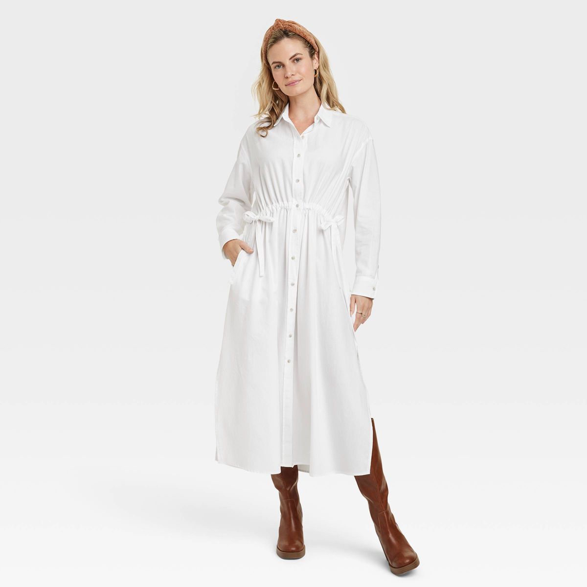 Women's Long Sleeve Cinch Waist Maxi Shirtdress - Universal Thread™ White XS | Target
