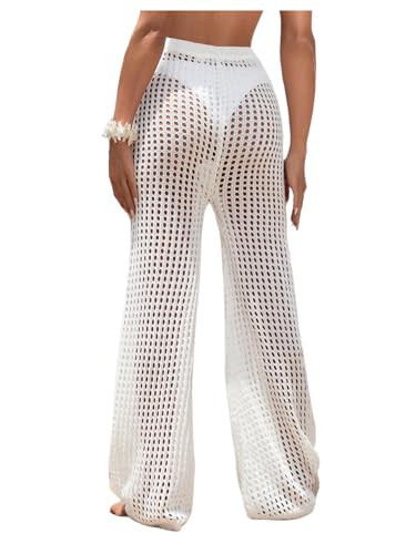 COZYEASE Women's Beach Cover Up Pants Hollow Out Drawstring Elastic High Waist Bathing Suit Cover Up Beach Pants Pure White Large | Amazon (US)