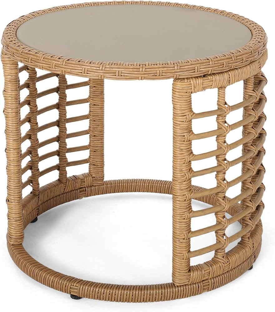 Amanda Outdoor Modern Boho Wicker Side Table with Tempered Glass Top, Light Brown | Amazon (US)