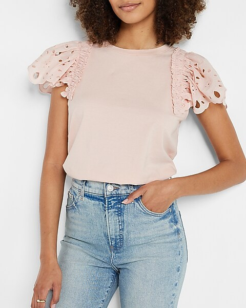 Eyelet Ruffle Sleeve Tee | Express