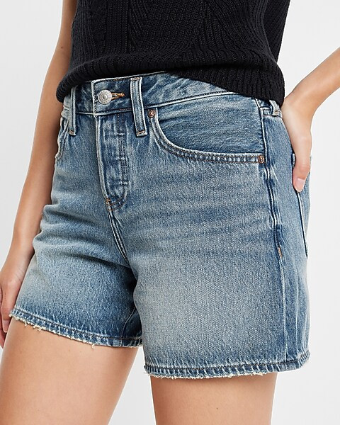 Mid Rise Covered Button Fly Boyfriend Jean Shorts | Express