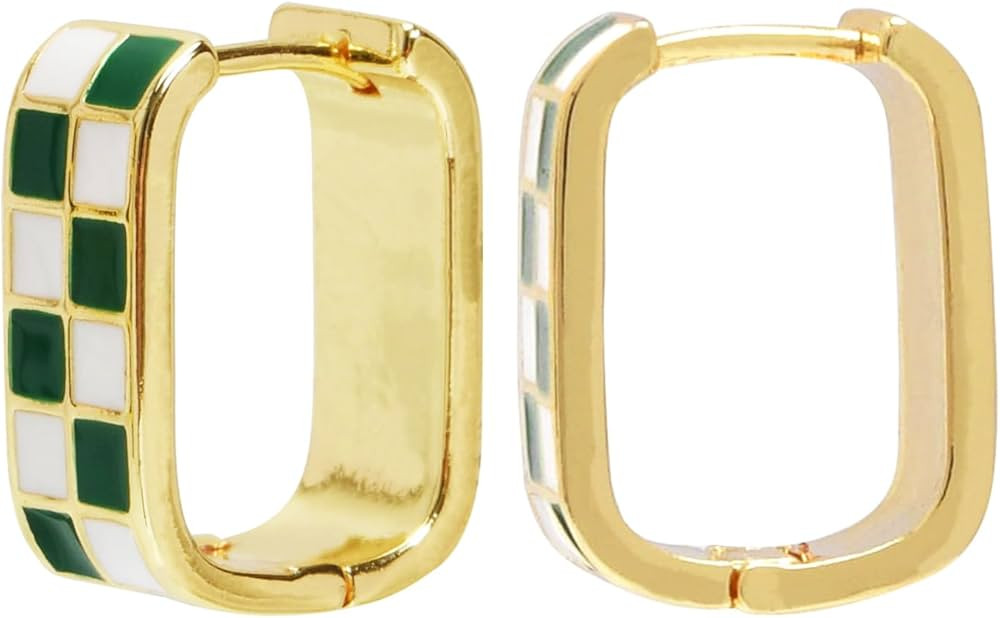 Dainty Checkered Oval Hoop Earrings,18K Gold Filled Enamel Oval Hoop Earrings,For Women Checker C... | Amazon (US)