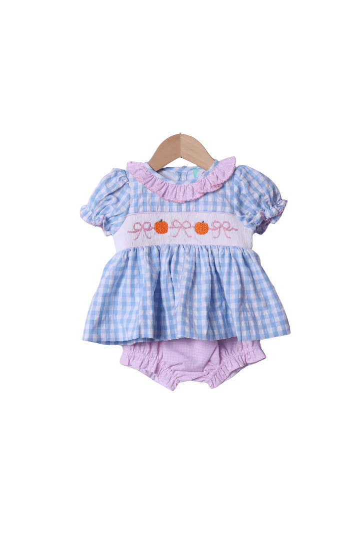 Smocked Blue Gingham Bow Pumpkin Bloomer Set | The Smocked Flamingo